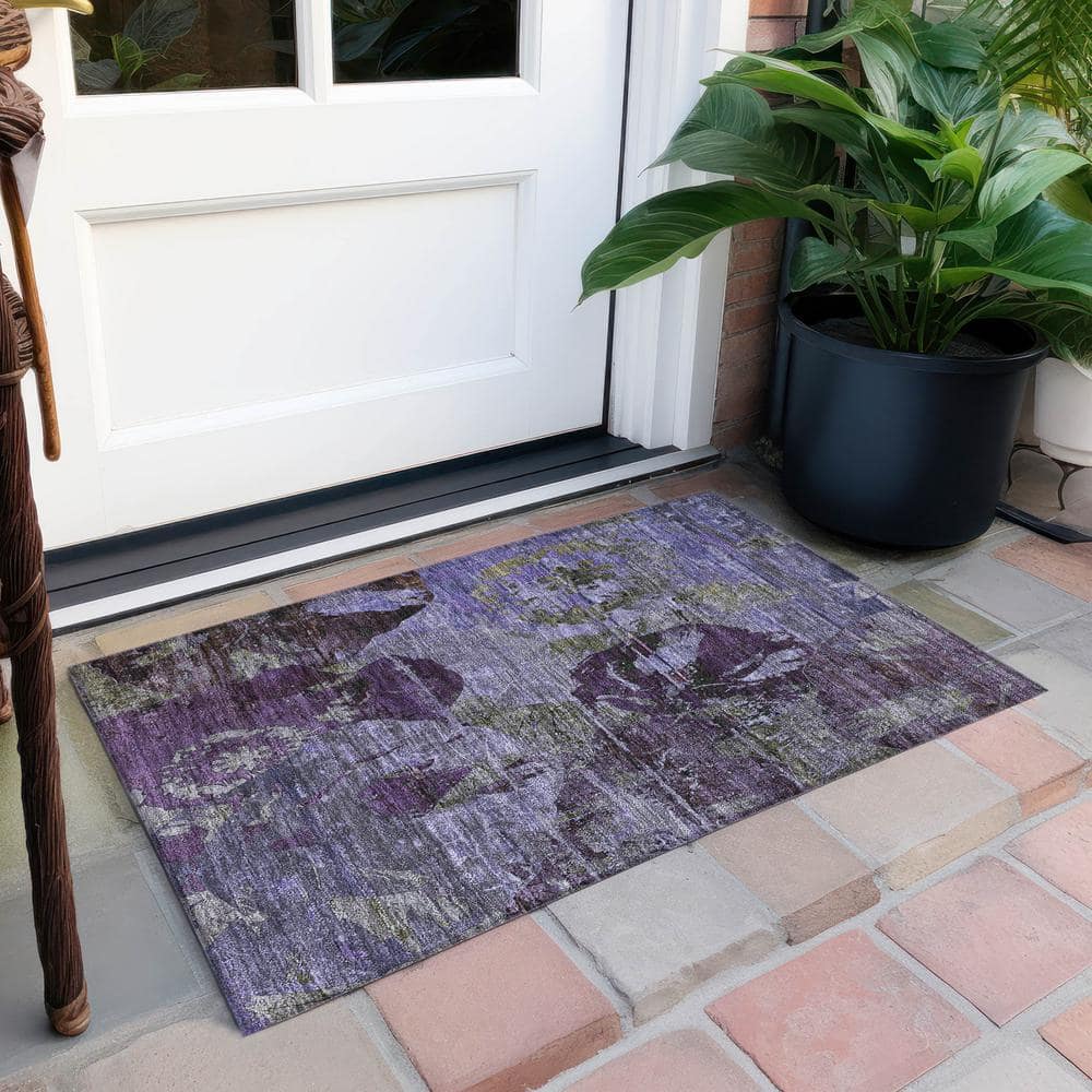 Purple Floral Pattern Machine Washable Rectangular Rug