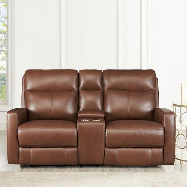 Vienna 73 in. Pecan Brown Solid Top Grain Leather 2-Seater Zero Gravity Reclining Loveseat with Console