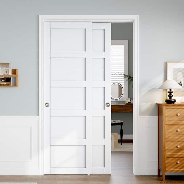 48 in. x 80 in. (Double 25 in.) H-style Solid Core Wood White Finished Composite Wood Sliding Door with Hardware