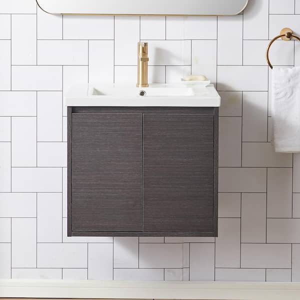 VAPSINT 24 in. W x 18 in. D x 22 in. H Bathroom Vanity in Ebony grain with White Ceramic Sink and Top Maximizes Storage