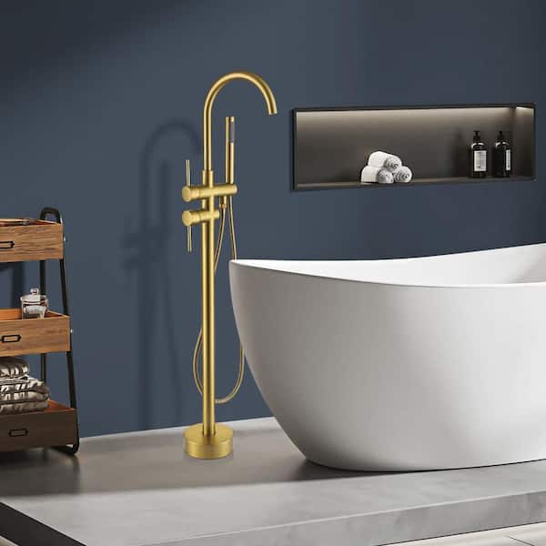 Satico 45-5/8 in. 2-Handle Residential Freestanding Tub Faucet with Hand Shower in Brushed Brass