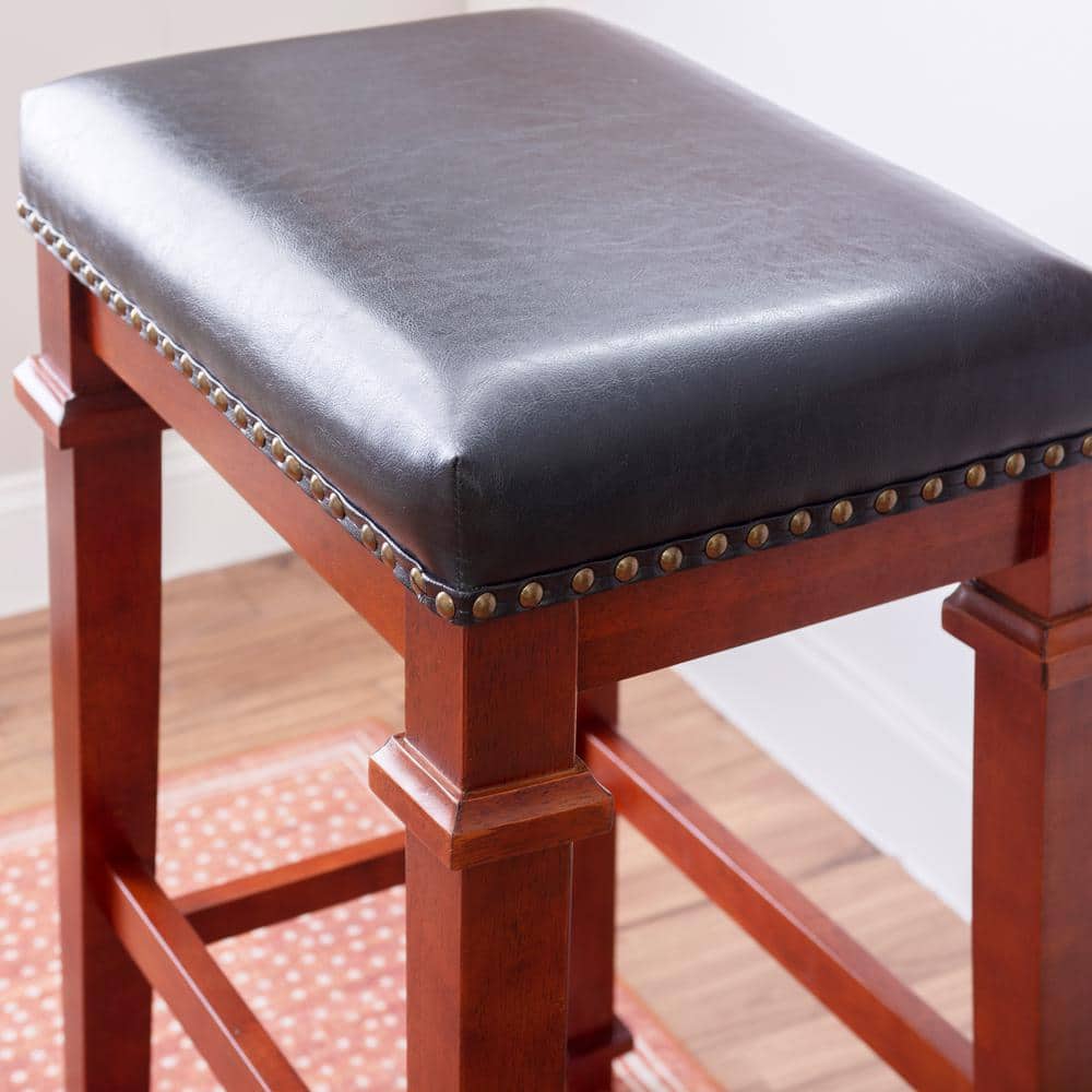 Kennedy Dark Cherry Backless Wood Bar Stool with Black Upholstery