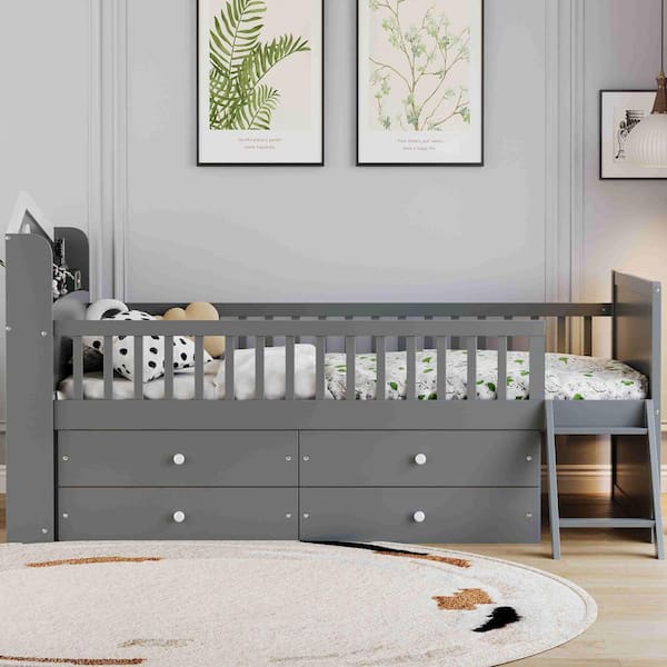 Gray Pine Wood Frame Twin Platform Bed with Storage, 4-Drawer, Guardrail Headboard and Ladder