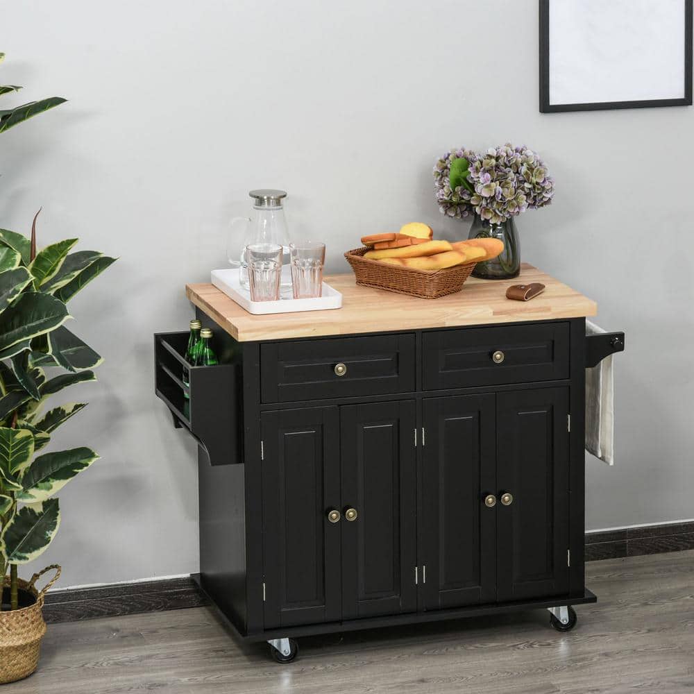 Compact Modern Black Kitchen Island Cart with Rubberwood Top and Storage