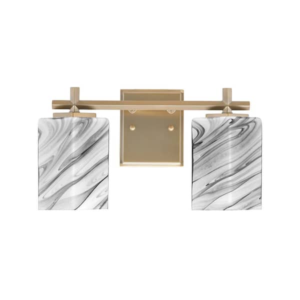 Unbranded Bridgewater 14 in. 2 Light Vanity Light New Age Brass with 3.5 in. Square Onyx Swirl Glass Shades, No Bulbs Included