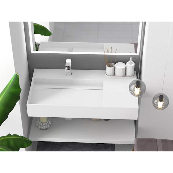 Juniper 35.43 in. Wall Mount Solid Surface Left Side Basin Rectangle Non Vessel Bathroom Sink in Matte White