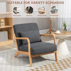 Comfy Mid-Century Modern Dark Gray Velvet Upholstered Living Room Accent Chair, Wood Frame Arm Chair with Waist Cushion