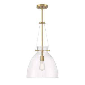 Foster 14 in. W x 25.50 in. H 1-Light Warm Brass Statement Pendant Light with Clear Seeded Glass Shade