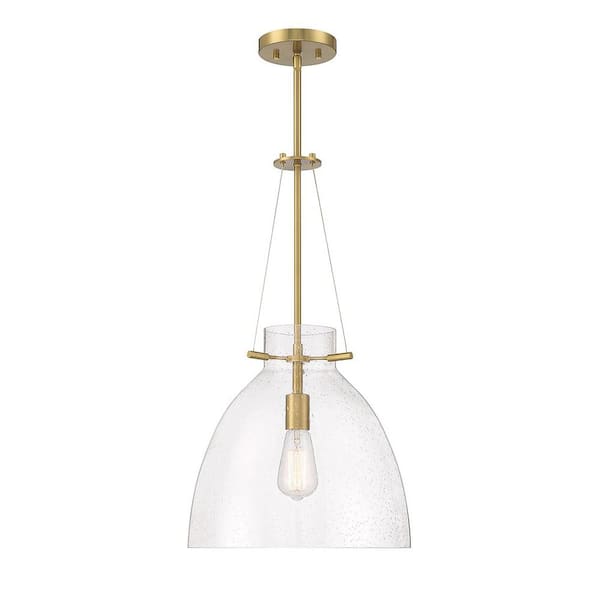 Savoy House Foster 14 in. W x 25.50 in. H 1-Light Warm Brass Statement Pendant Light with Clear Seeded Glass Shade