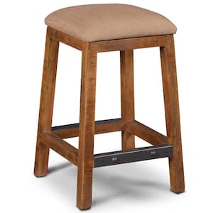 Rustic City 25 in. Natural Oak Backless Wood and Metal Frame Industrial Bar Stool with Beige Upholstered Seat