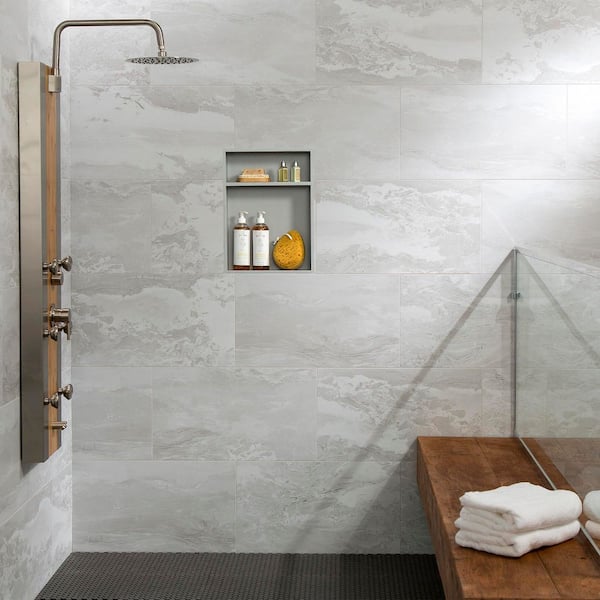 Iced Pewter 14.8 in. W x 25.6 in. L Waterproof Adhesive No Grout Vinyl Wall Tile (21 sq. ft./case)