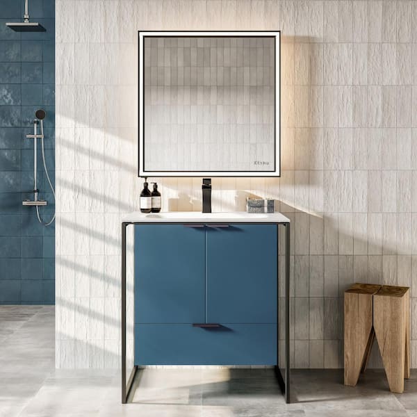 Eviva Onyx 26 in. Single Sink Floating Blue Bath Vanity with White Solid Surface Top (Assembled)