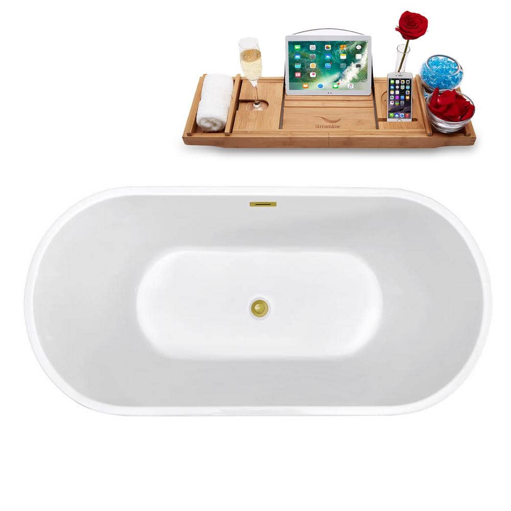 59" White Acrylic Freestanding Soaking Bathtub with Bamboo Tray