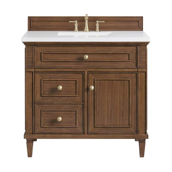 James Martin Vanities Lorelai 36.0 in. W x 23.5 in. D x 34.06 in. H Single Bathroom Vanity in Mid-Century Walnut with White Zeus Quartz Top