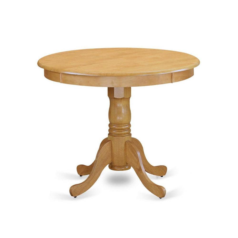 Oak Finish Round Dining Table with Linen Upholstered Chairs