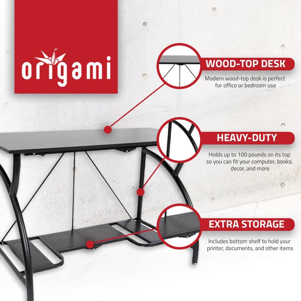 Origami Black Steel and Wood Folding Desk with Shelf