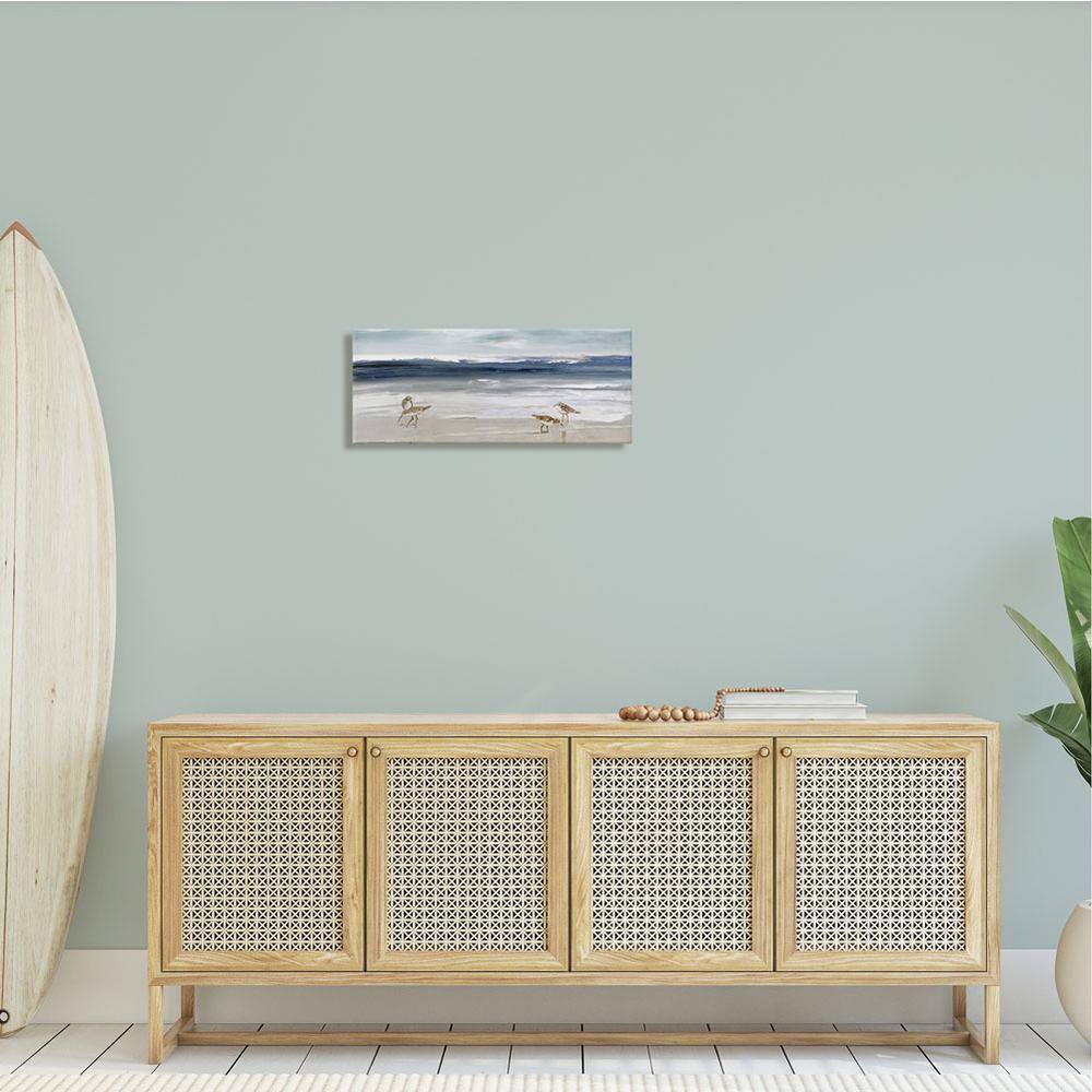 Sandpipers Grazing Sea Shore Blue Canvas Wall Art