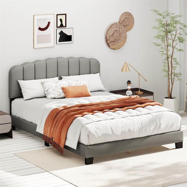 Queen Size Bed frame Linen Upholstered Platform Bed in Gray with Wooden Slat Support