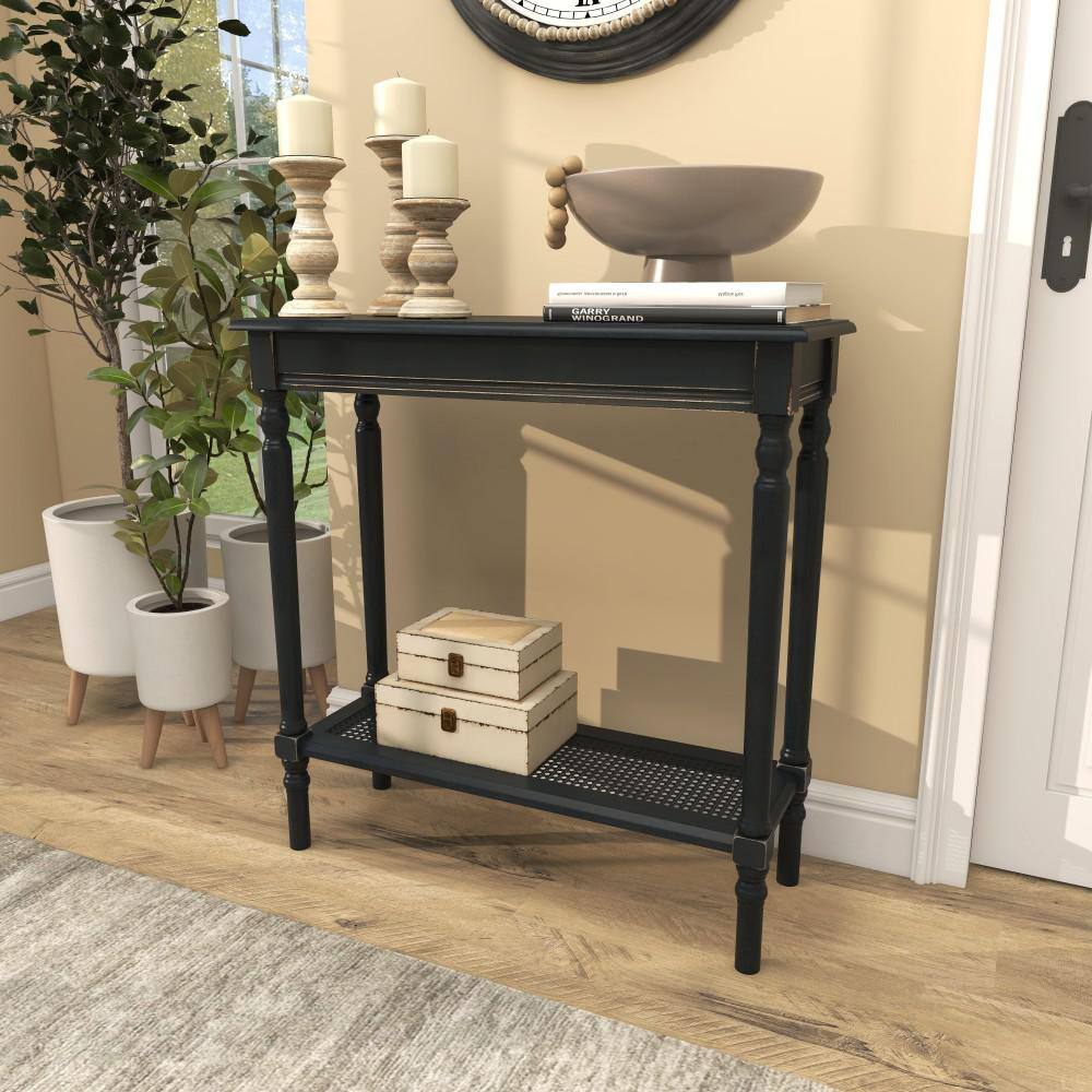 Black Wood Console Table with Glass Shelf and Storage