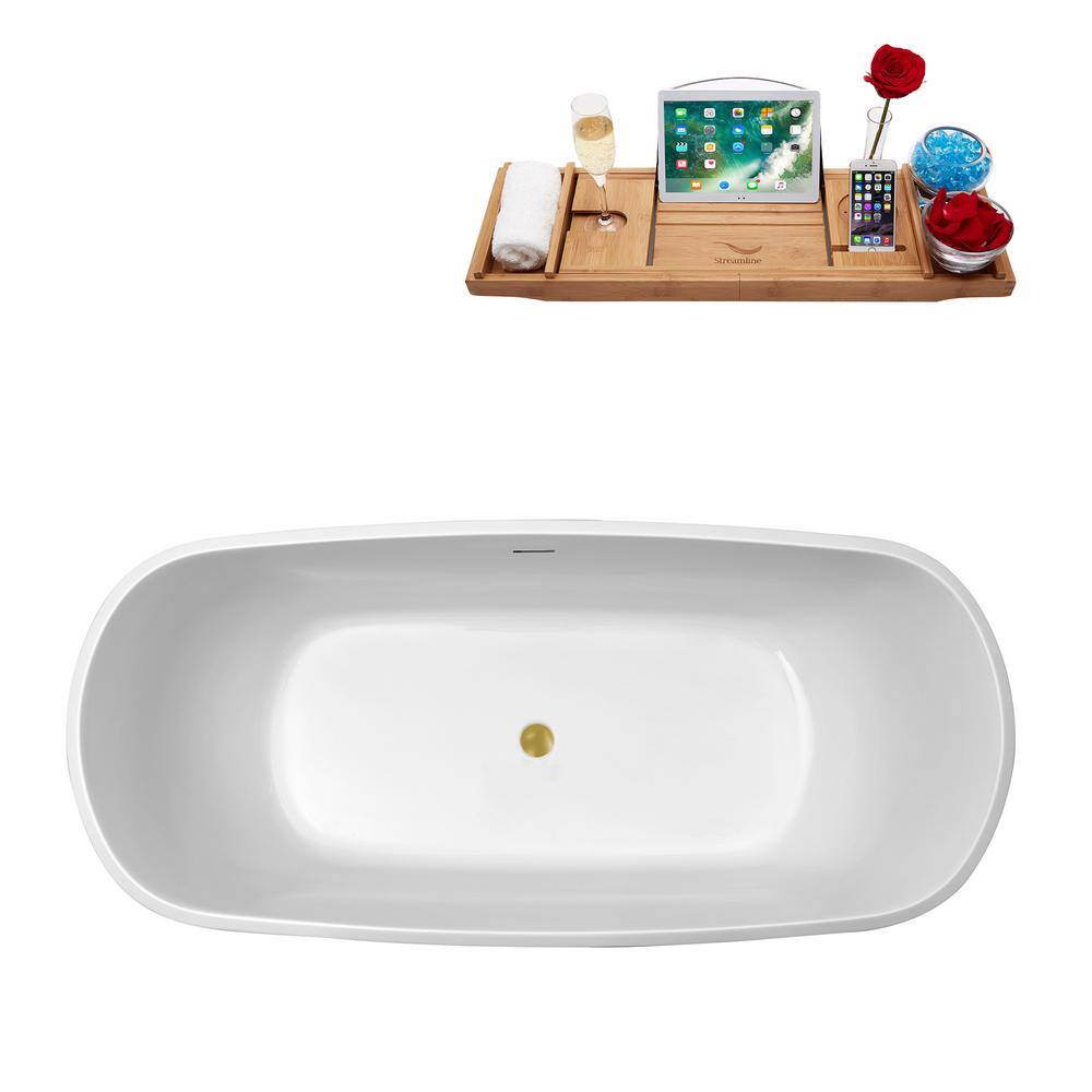 59'' Glossy White Acrylic Freestanding Bathtub with Brushed Gold Trim