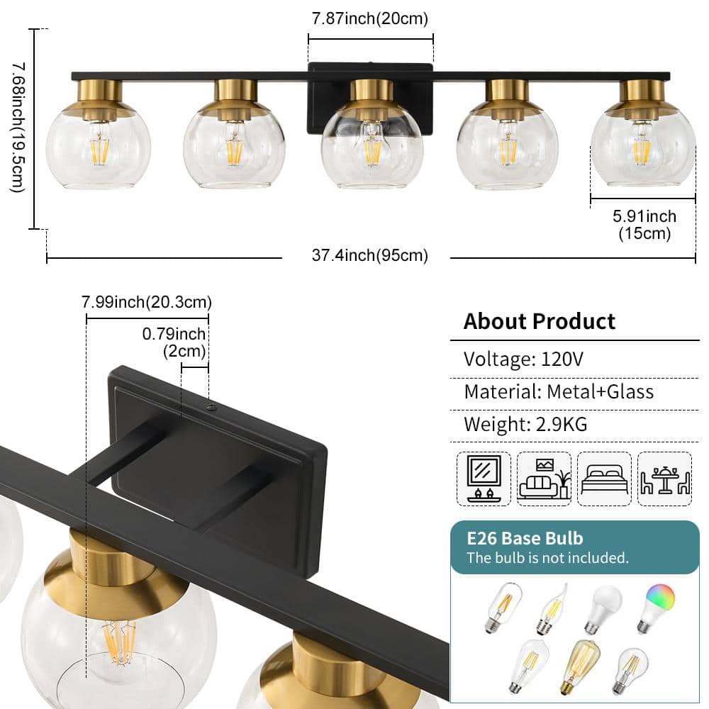 37.43 in. Black and Gold 5-Light Vanity Light with Glass Shades