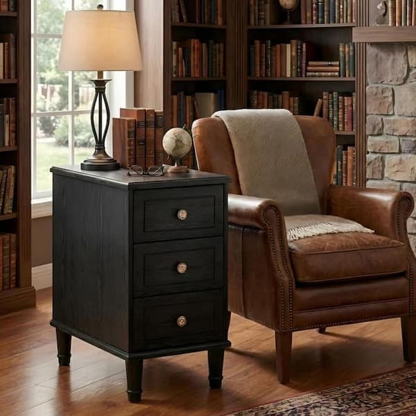 25 in. H Solid Wood Black Rectangle End Table with 3 Drawers, No Assembly Vintage Side Table for Bedroom, Living Room