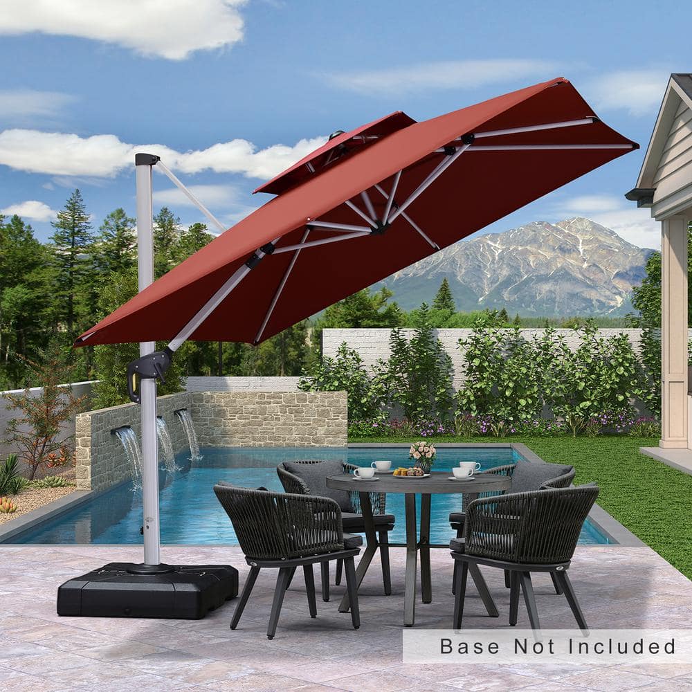 9 ft. Square Double-top Aluminum Umbrella Cantilever Polyester Patio Umbrella in Brick Red with Beige Cover