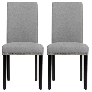 Light Gray Fabric Nailhead Trim Dining Parsons Chairs with Wood Legs (Set of 2)