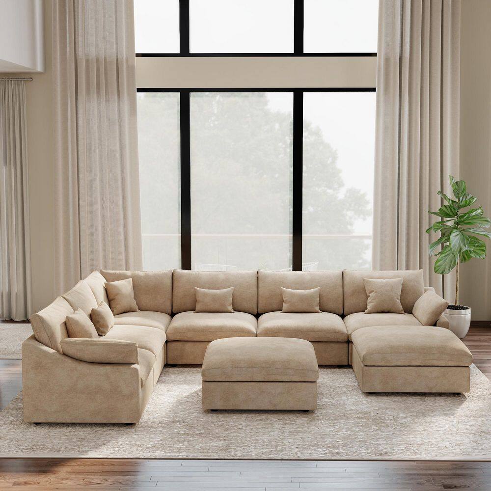 156 in. Oversized Square Arm 8-Piece Linen Down Deep Seat U Shape Free Combination Sectional Sofa with Ottoman in Brown