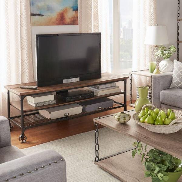 HomeSullivan Cabella 48 in. Distressed Ash Wood TV Stand Fits TVs Up to 48 in. with Wheels