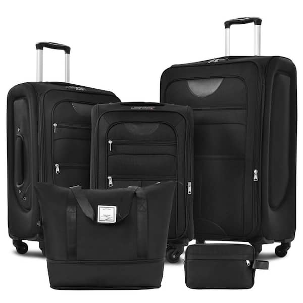 3-Piece Black Upright Spinner Softshell Lightweight Luggage Set with Duffel Bag