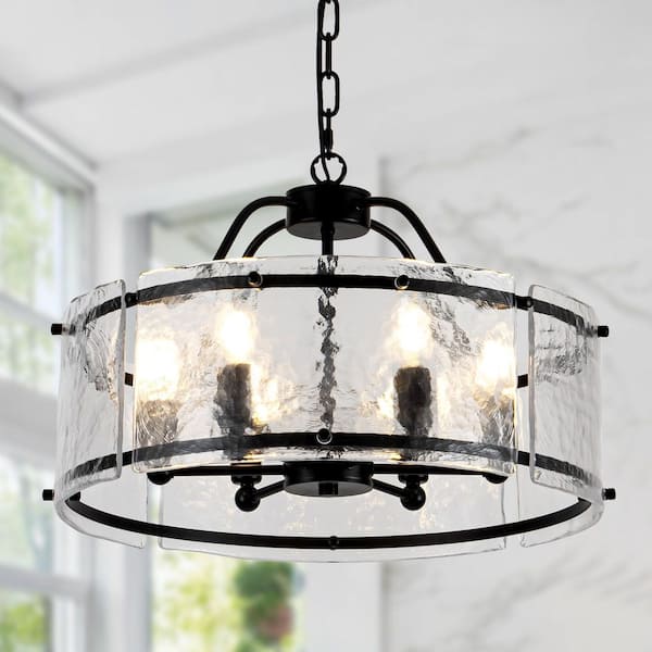 19. 7 in. 6-Light Black Modern Farmhouse Candle Drum Chandelier with Ripple Glass for Kitchen Island Dining Room Foyer