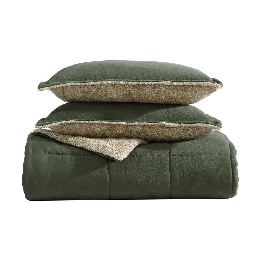 Hunter Green Microsuede and Sherpa Reversible Full Comforter Set