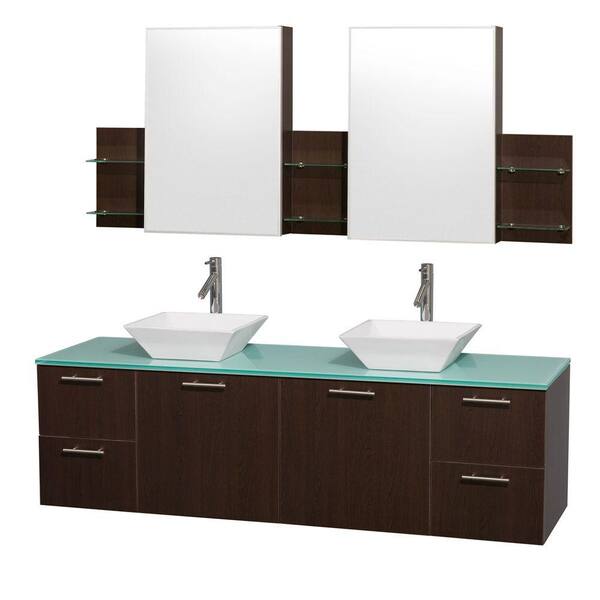 Wyndham Collection Amare 72 in. Double Vanity in Espresso with Glass Vanity Top in Aqua and White Porcelain Sinks and Mirror