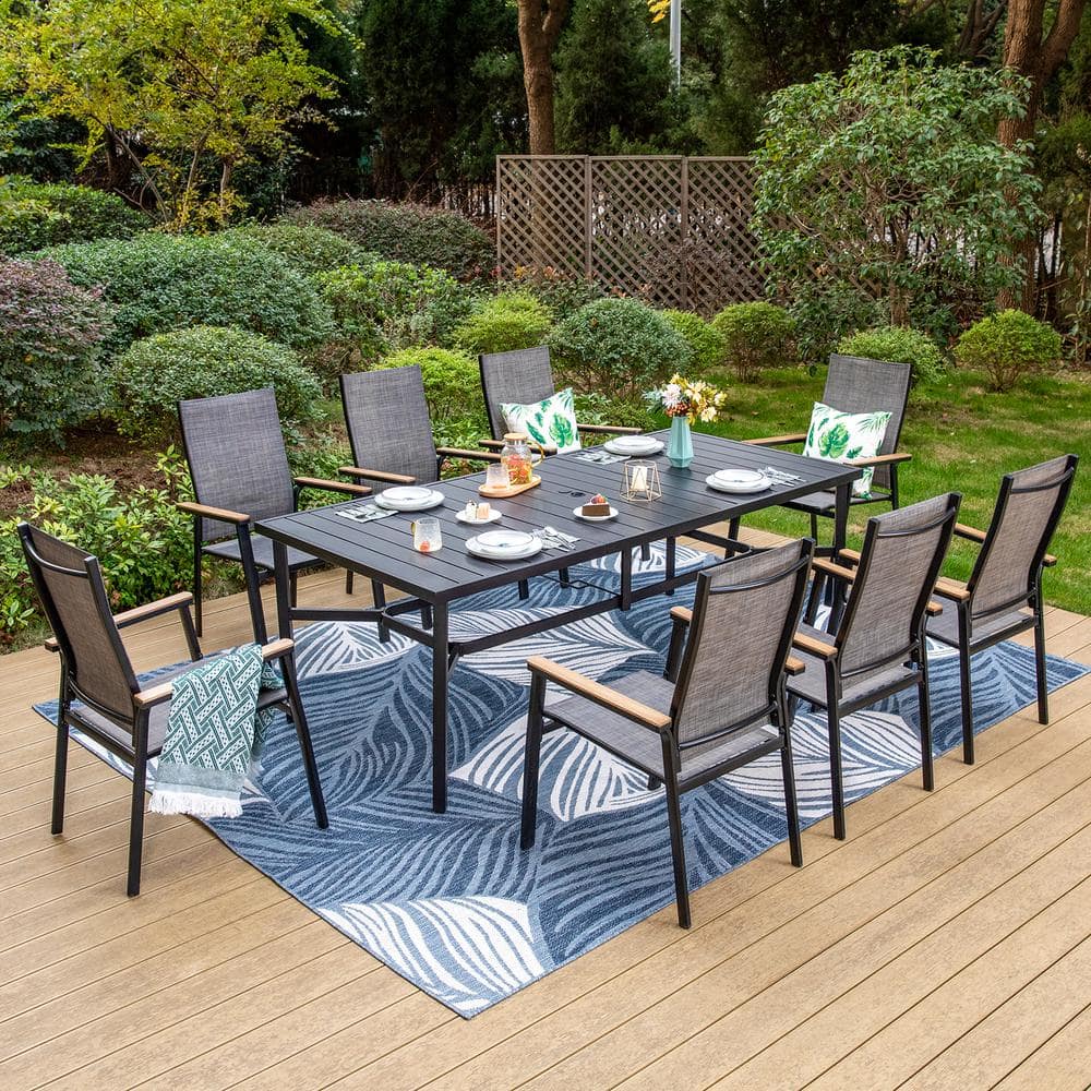 PHI VILLA Black 9-Piece Metal Outdoor Patio Dining Set with Slat