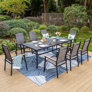 Black 9-Piece Metal Outdoor Patio Dining Set with Slat Rectangle Table and Stackable Aluminum Chairs