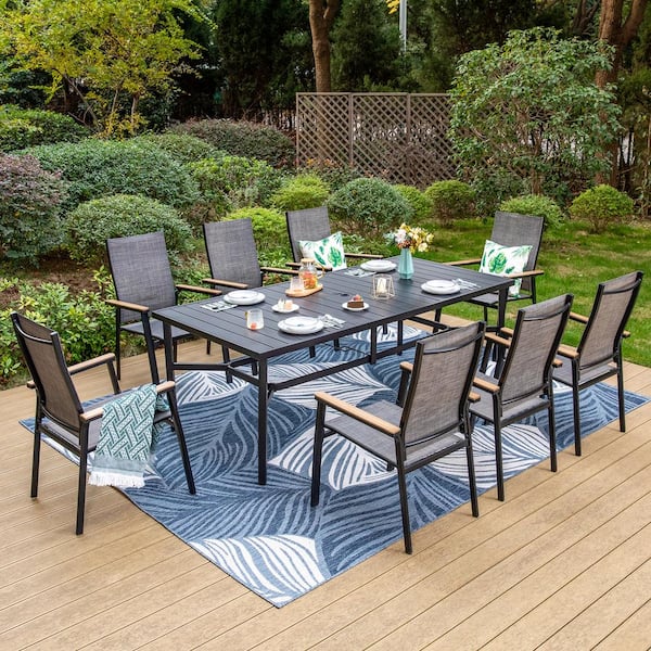 PHI VILLA Black 9-Piece Metal Outdoor Patio Dining Set with Slat Rectangle Table and Stackable Aluminum Chairs