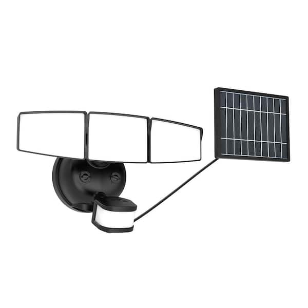 Next Gen Solar-Powered LED Security Floodlight, 3 Head w/ Motion Sensing, D2D, Adjustable Brightness-Black 2000 Lumens