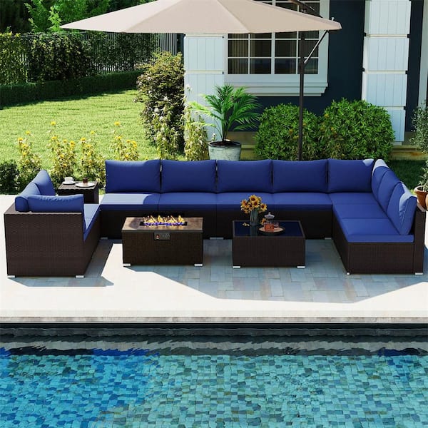 12-Piece Wicker Patio Conversation Sectional Seating Set with 32 in.  Propane Fire Pit Table Tank Holder Navy Cushions