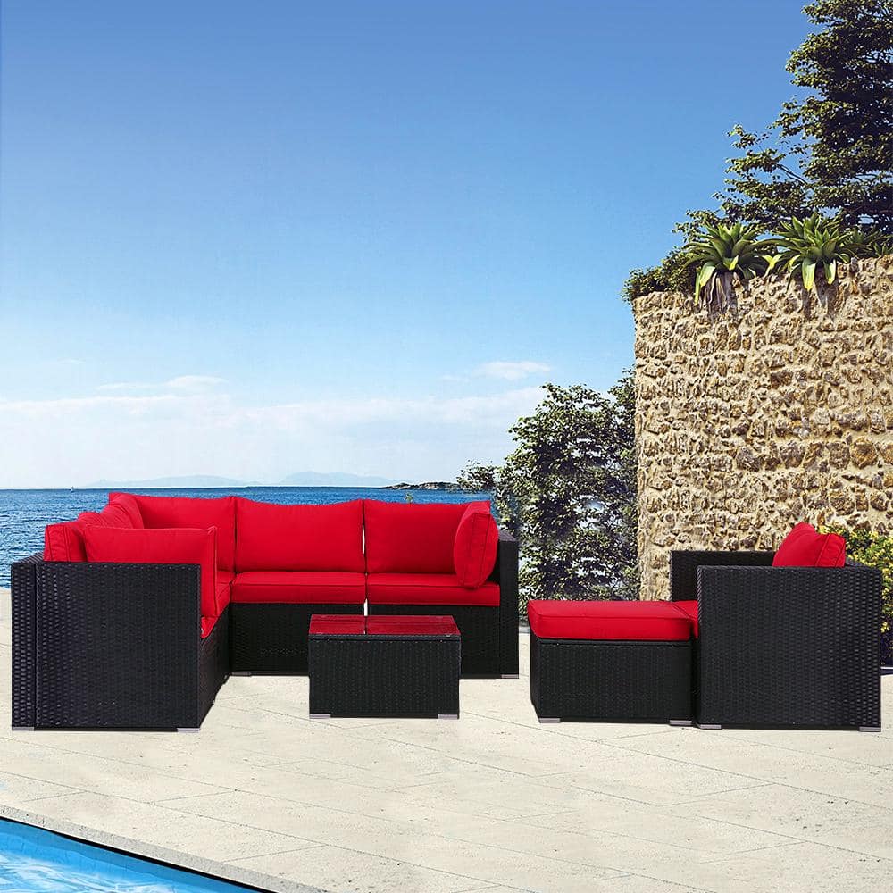 8-Piece Black Wicker Outdoor Sectional Sofa with Red Cushion and Coffee Tab
