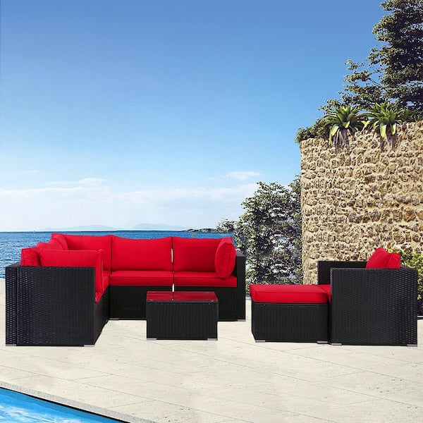 Unbranded 8-Piece Black Wicker Outdoor Sectional Sofa with Red Cushion and Coffee Table for Patio, Lawn, Balcony and Poolside