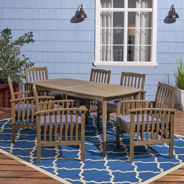 Noble House Casa Acacia Grey 7-Piece Acacia Wood Rectangular with Straight Legs Patio Outdoor Dining Set with Dark Grey Cushions