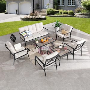 7-Piece Metal Outdoor Patio Conversation Set with Beige Cushions