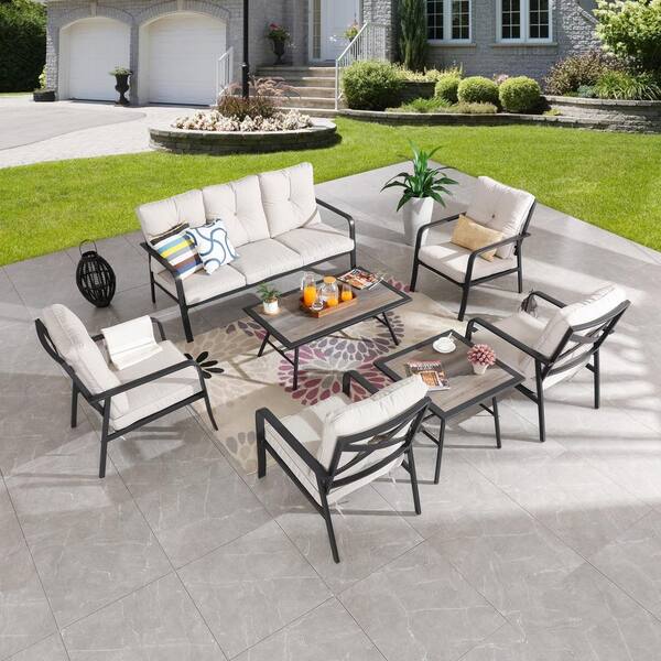 Patio Festival 7-Piece Metal Outdoor Patio Conversation Set with Beige ...
