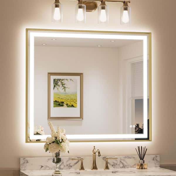 42 in. W x 36 in. H Rectangular Framed LED Lighted Bathroom Vanity Mirror with Light in Gold with Backlit and Anti-Fog