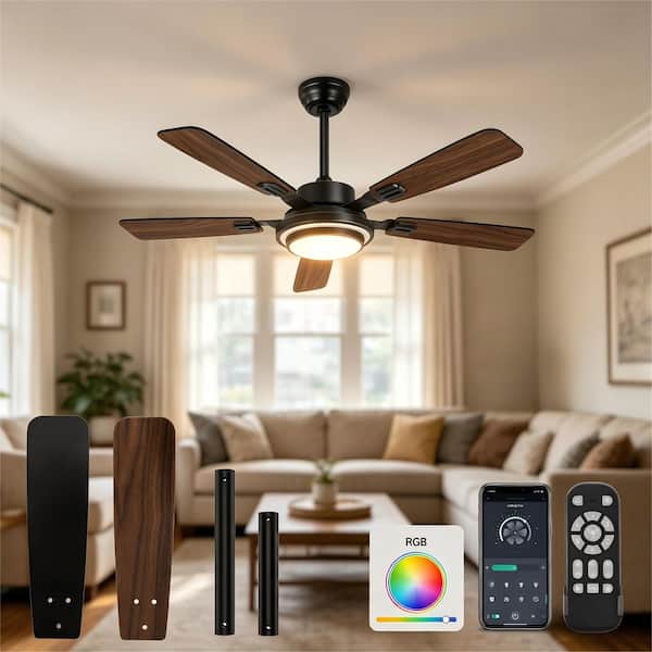 52 in. Indoor/Covered Outdoor Black Reversible Smart Ceiling Fan with Integrated LED and Remote Control