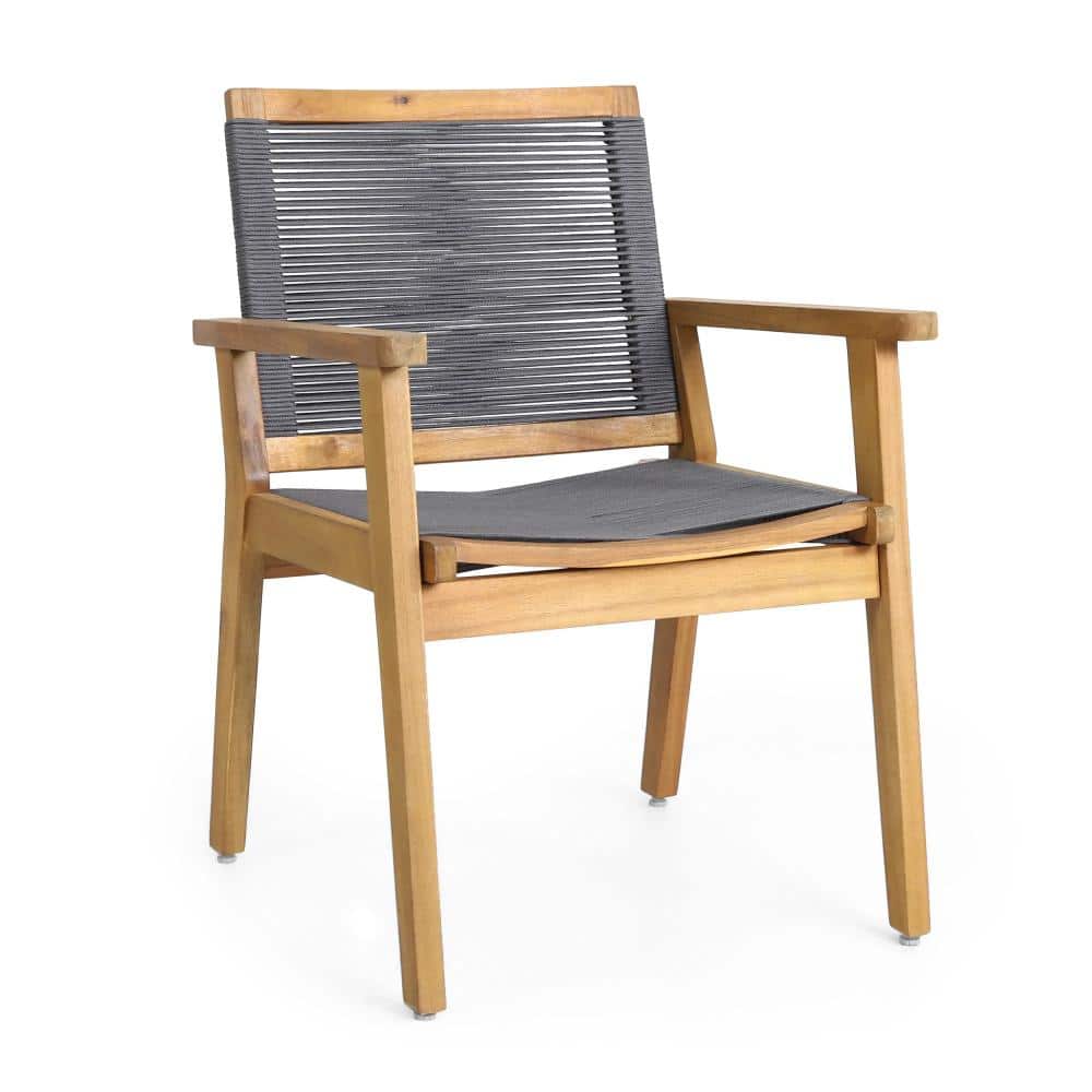 Set of 2 Teak and Dark Gray Rope Outdoor Dining Chairs