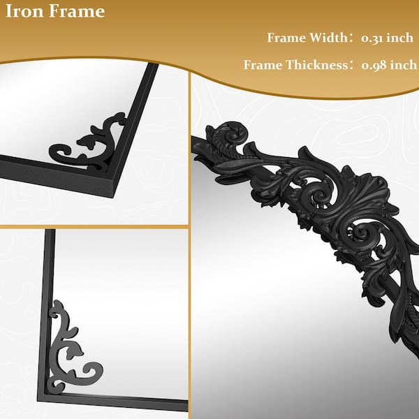 26 in. W x 41 in. H Arched Black Metal Framed with Carved Decoration Wall Mirror Vanity Mirror