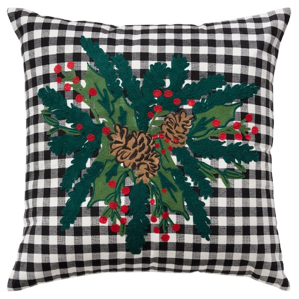 Rizzy Home Holiday Black/White/Multi-Color Christmas Holly on Plaid Cotton Poly Filled Decorative 20 in. x 20 in. Throw Pillow