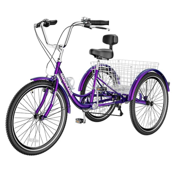 Adult Tricycle 7 Speed, 24 in. Wheels Cruiser Bike with Basket and Backrest for Seniors, Women, Men, Purple
